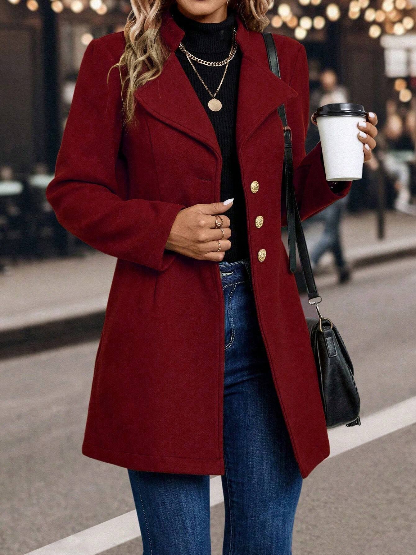 LUNE Solid Color Woolen Coat with Single Breasted Button