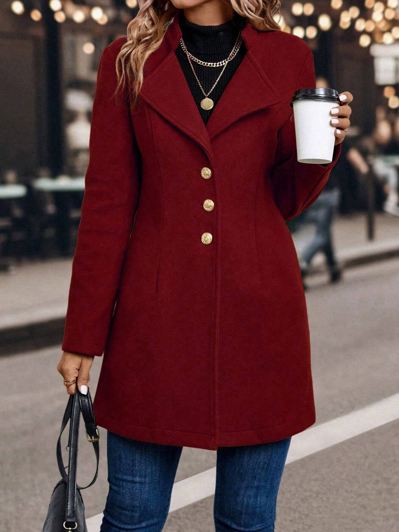 LUNE Solid Color Woolen Coat with Single Breasted Button