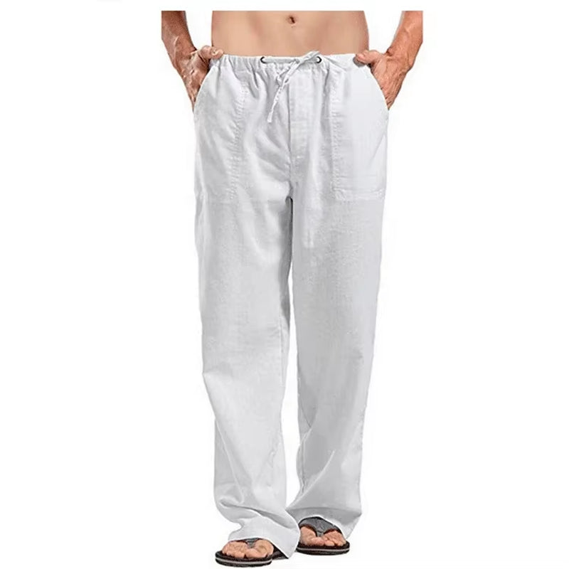 Men'S Cotton Linen Pants Summer Solid Color Breathable Linen Trousers Male Casual Elastic Waist Fitness Pants